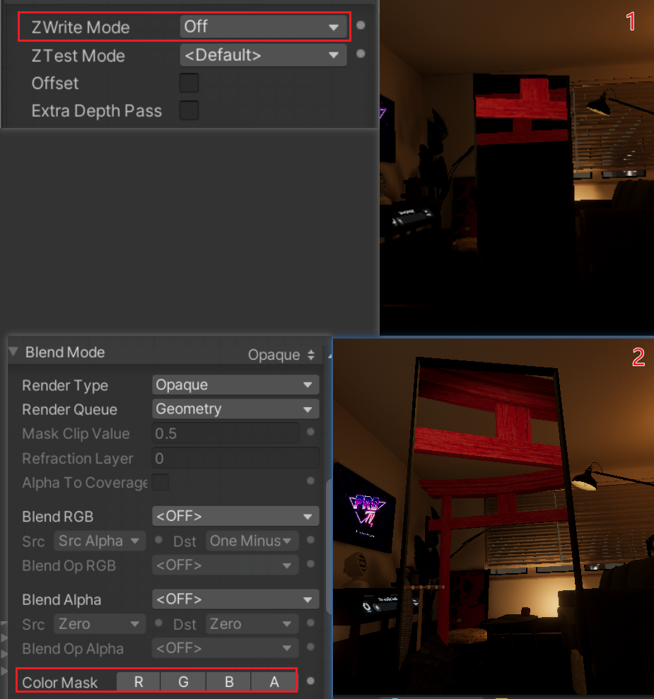 Mirror object settings showing Color Mask Off and ZWrite Off