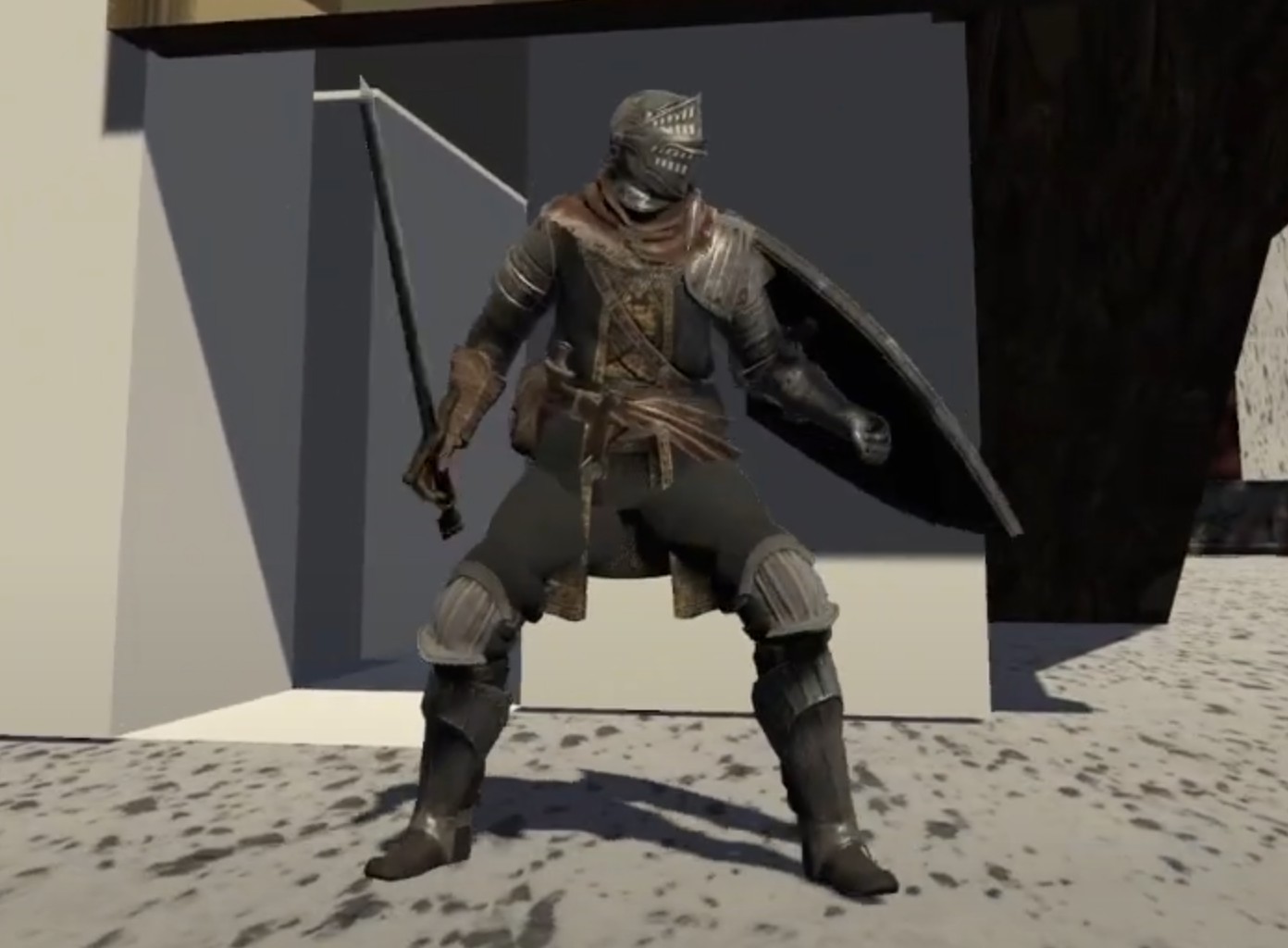 A medieval knight standing in front of a house